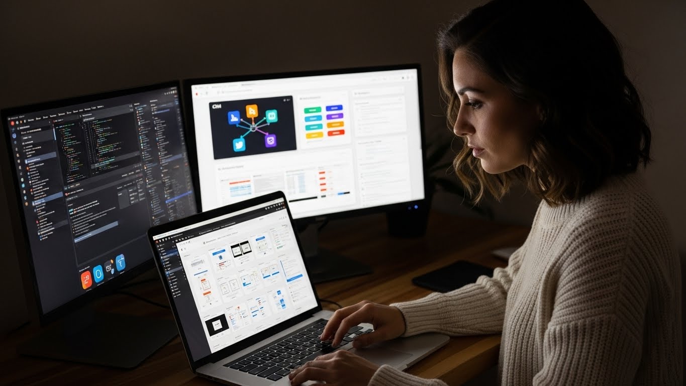 Designer working on creating a professional website with UI screens, code, and open integrations on the computer.