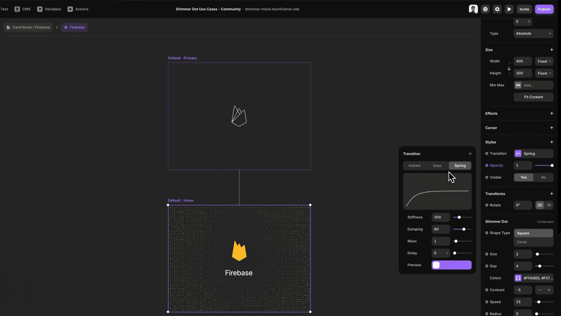 Framer interface displaying a Firebase hover card with shimmer dot settings and transition options