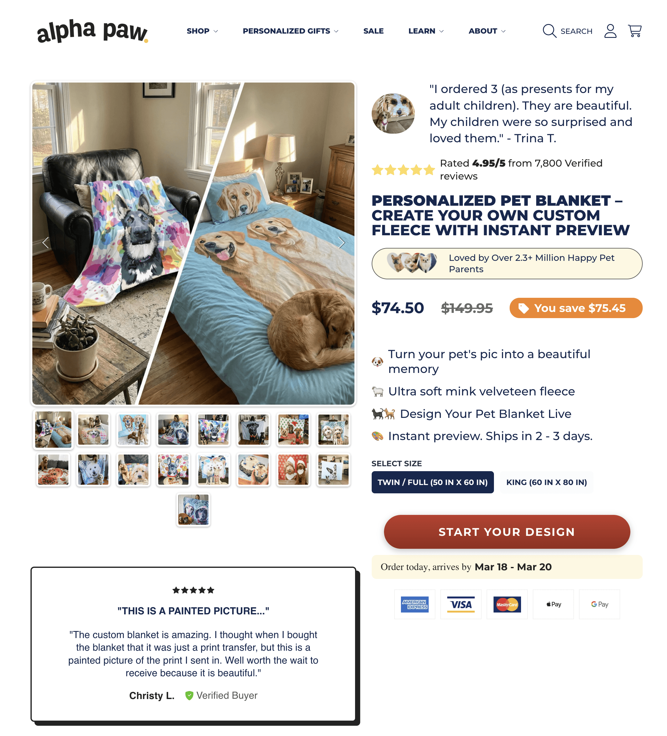 Alpha Paw personalized pet blanket product page with custom photo upload and instant preview feature