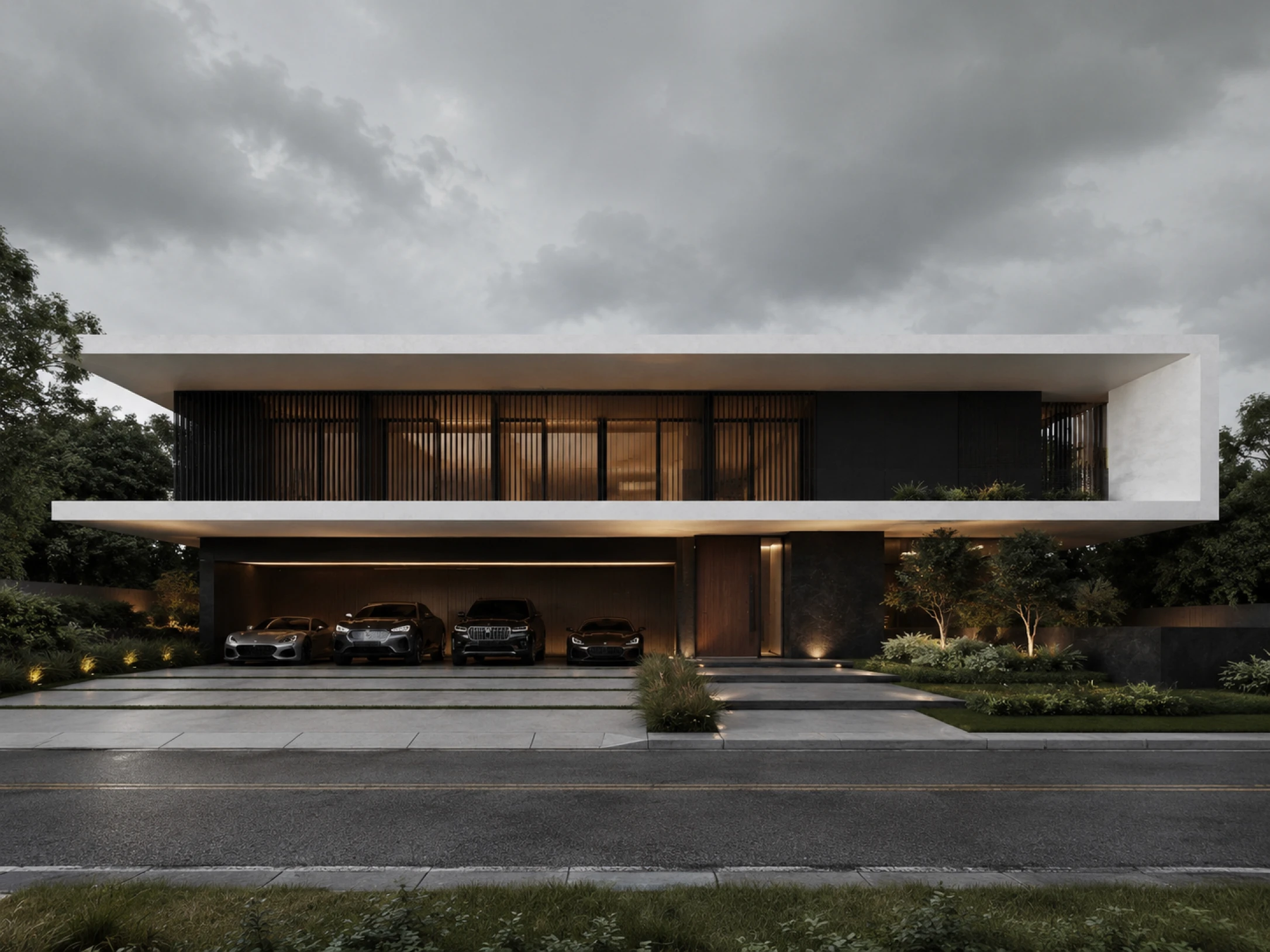 Casa moderna de dois pavimentos, com fachada escura, grandes janelas, jardim iluminado e garagem aberta com quatro carros.