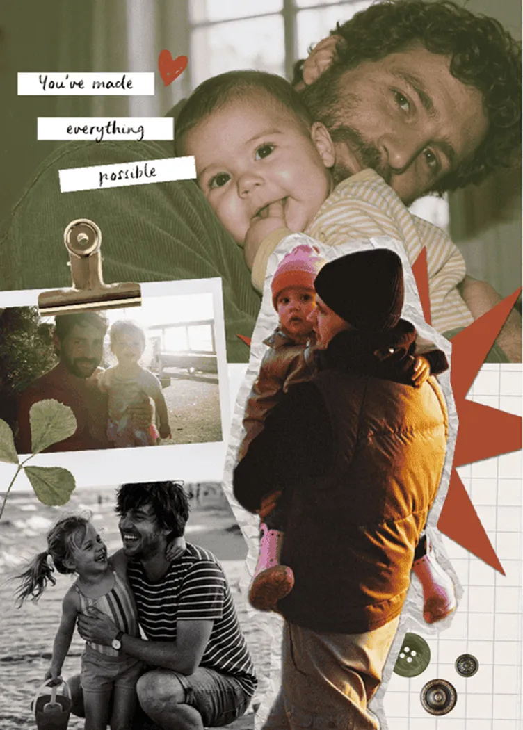 Father's Day card template with vintage father-child photos, a red heart, leaves, and 'You've made everything possible.'