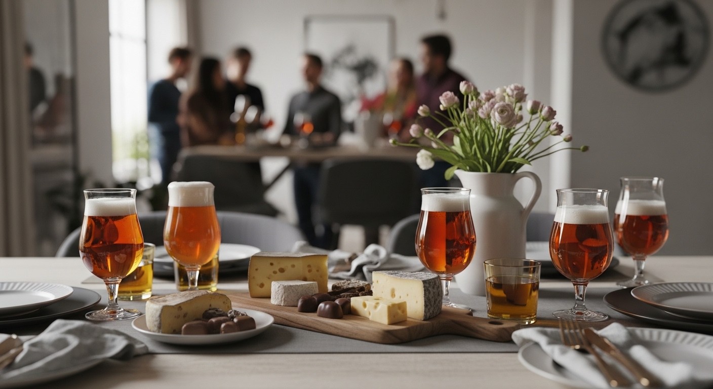 table setting of beer flights and plates of charcuterie with people socializing in background
