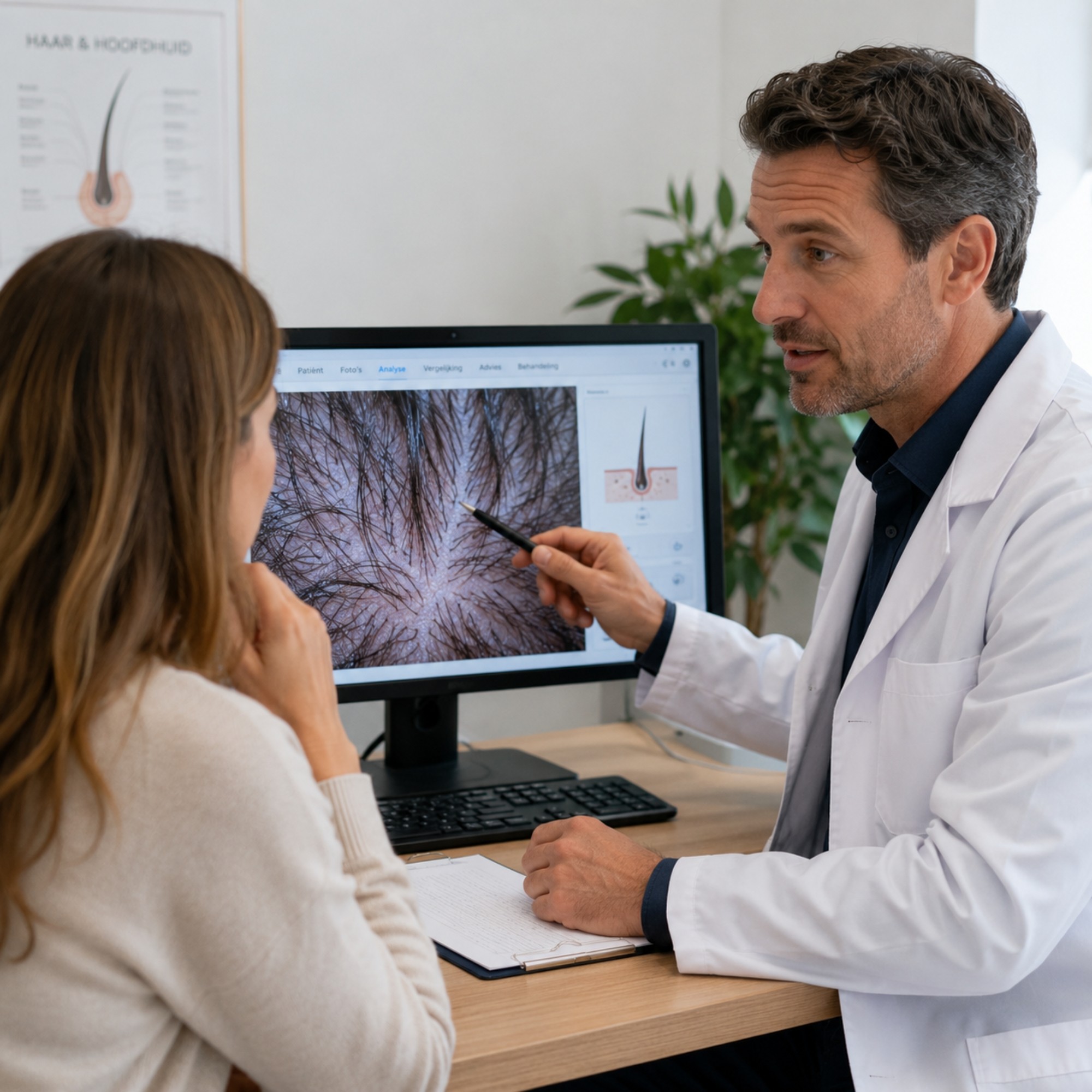 Specialist bespreekt de mogelijke oorzaak van haarverdunning aan de hand van een digitale analyse van de hoofdhuid tijdens een haarconsult.
