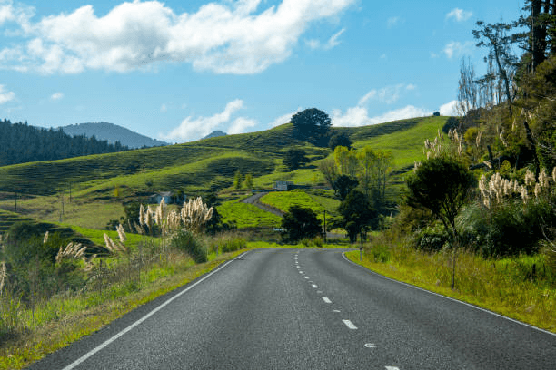 Rural road in New Zealand North Island showing green hills and open countryside