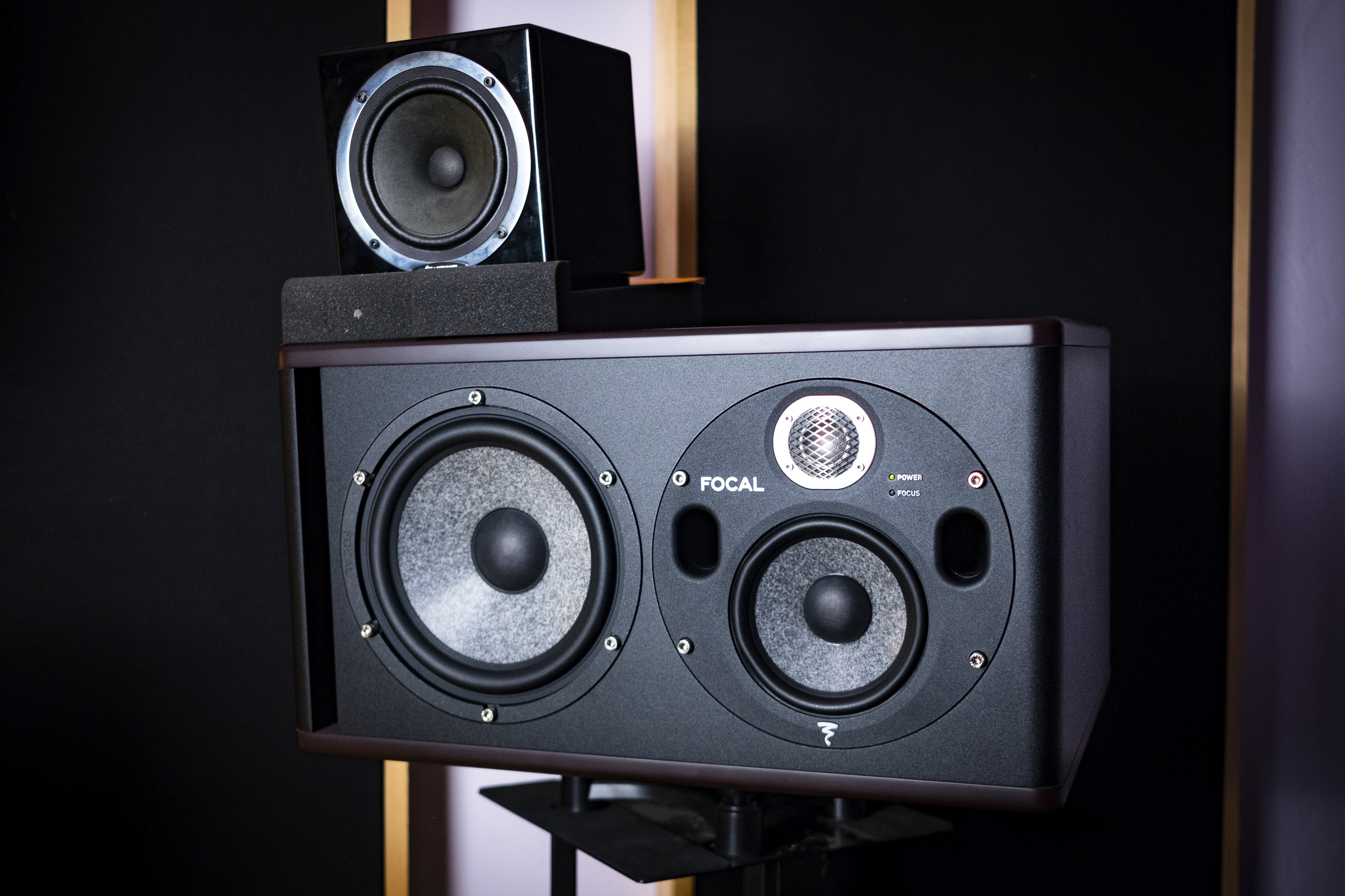 Close-up of studio speakers at Root 73.
