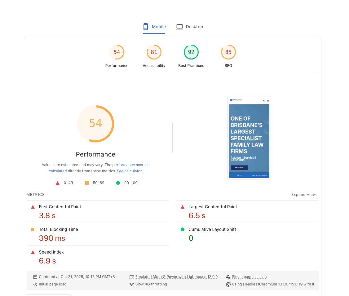 Performance Report from Page Speed Insights on Core Web Vitals