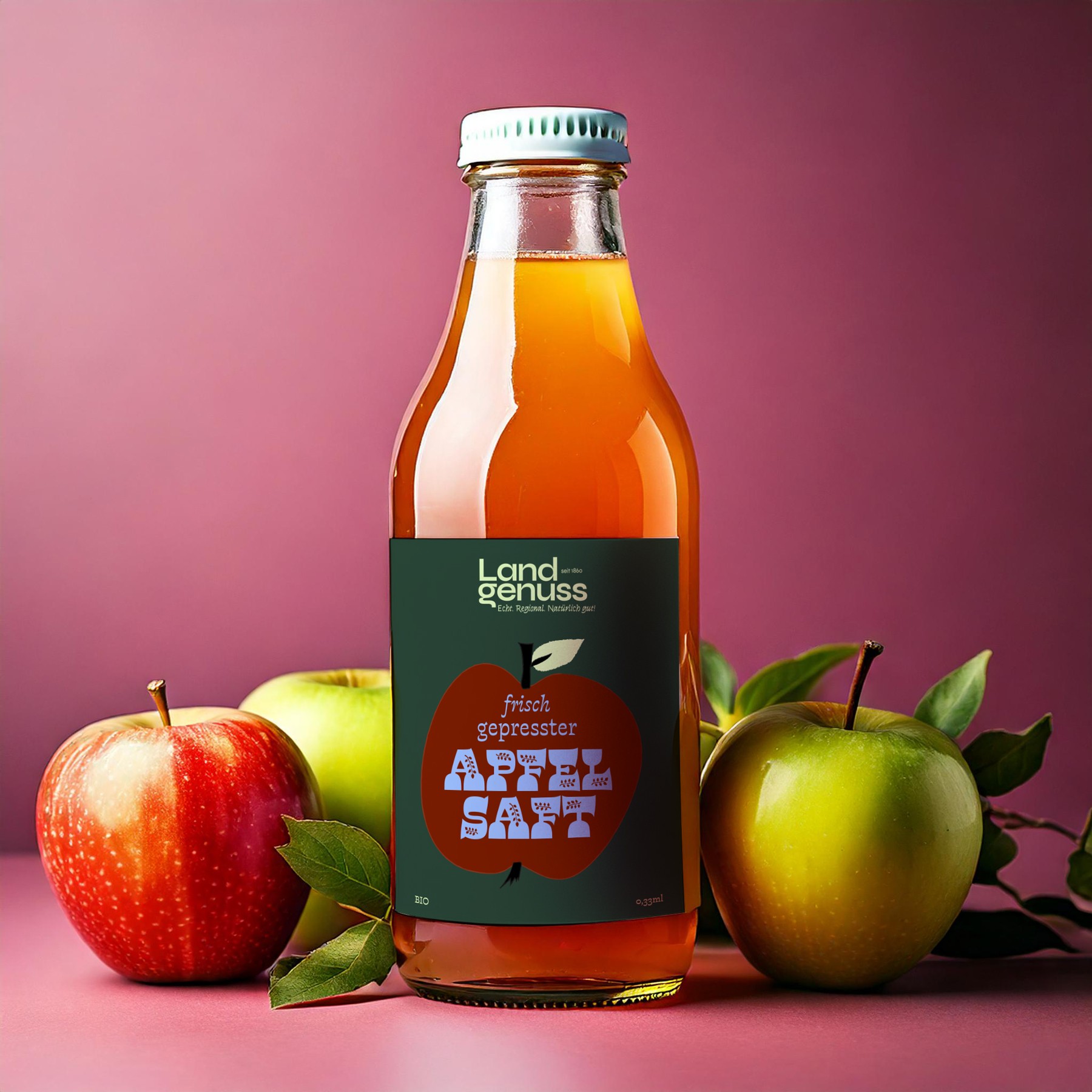 kleine apfelsaftflasche mit bunten etikett vor tbeerenfarbigem  Hintergrund umegeben von äpfeln
