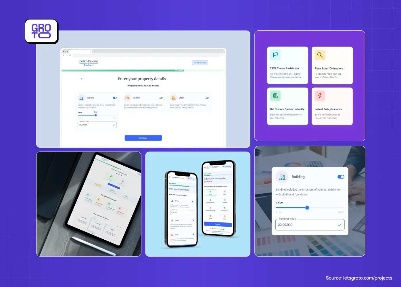 Groto portfolio showcase featuring a responsive insurance platform across desktop, tablet, and mobile screens, with customizable property details and service cards.