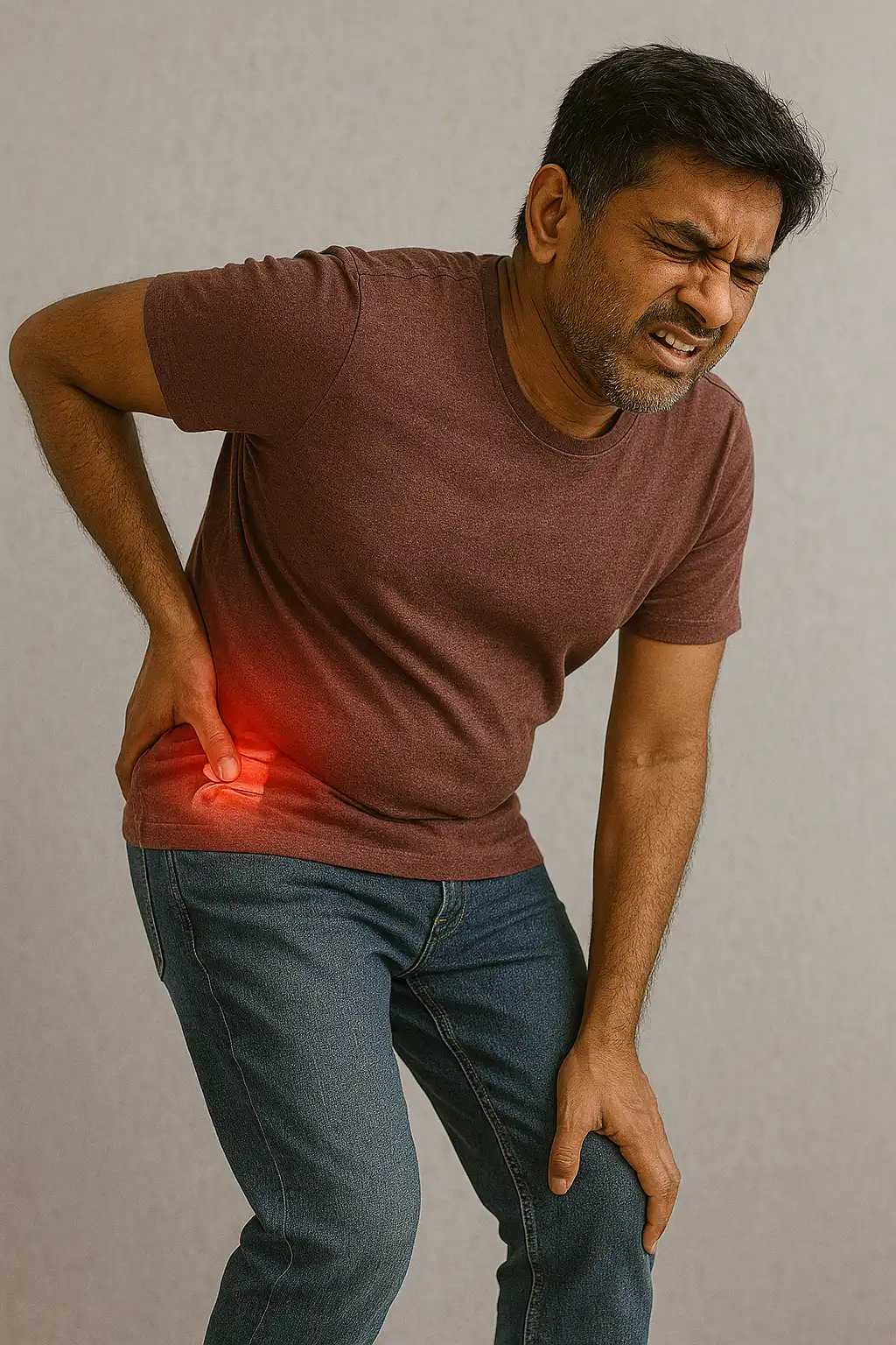 A man clutching his lower back in pain, with a highlighted red area representing discomfort from a slipped disc or lumbar disc herniation.