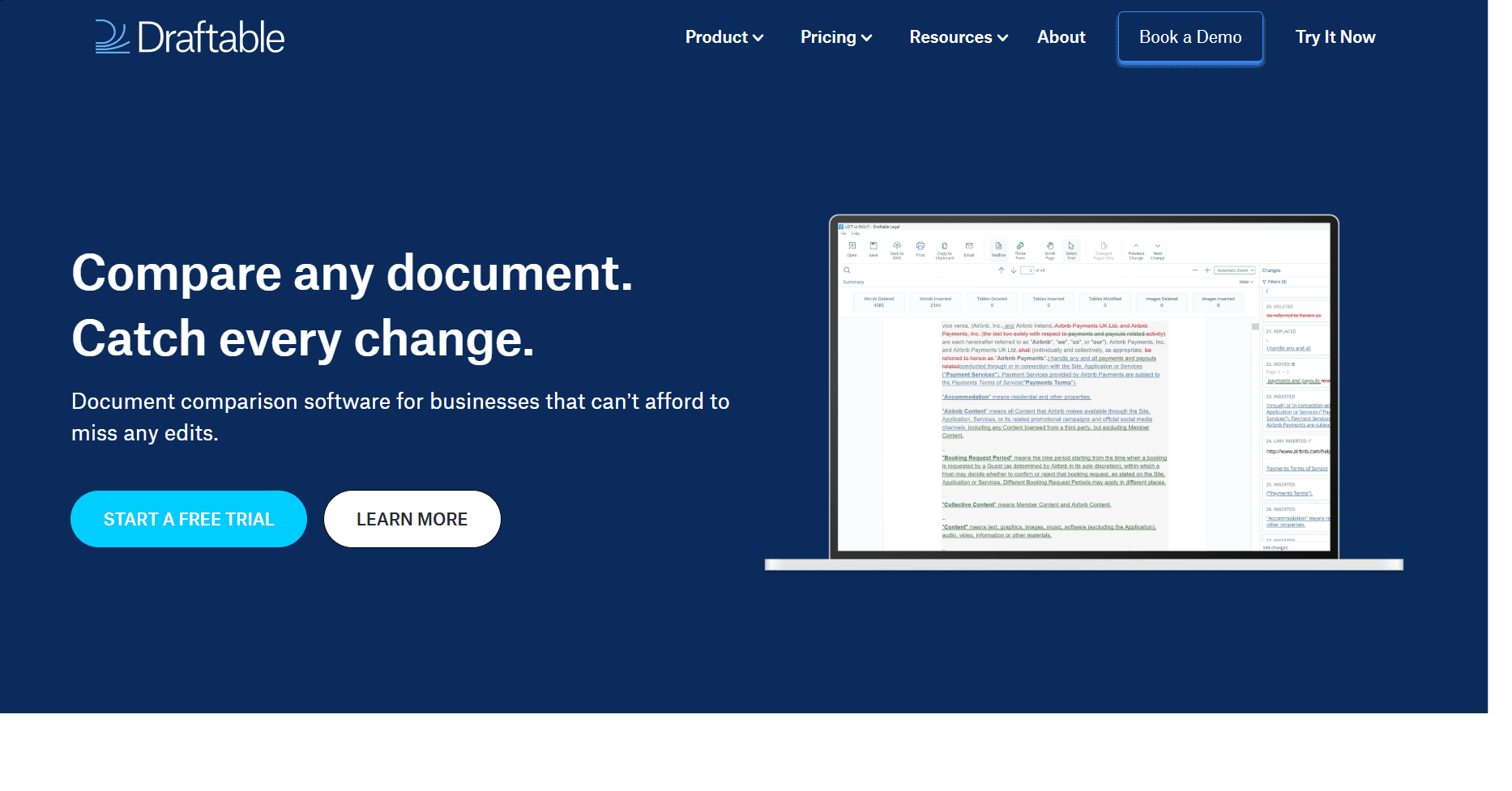 Draftable homepage featuring the headline “Compare any document. Catch every change.” with free trial and learn more buttons alongside a document comparison interface on a laptop screen.