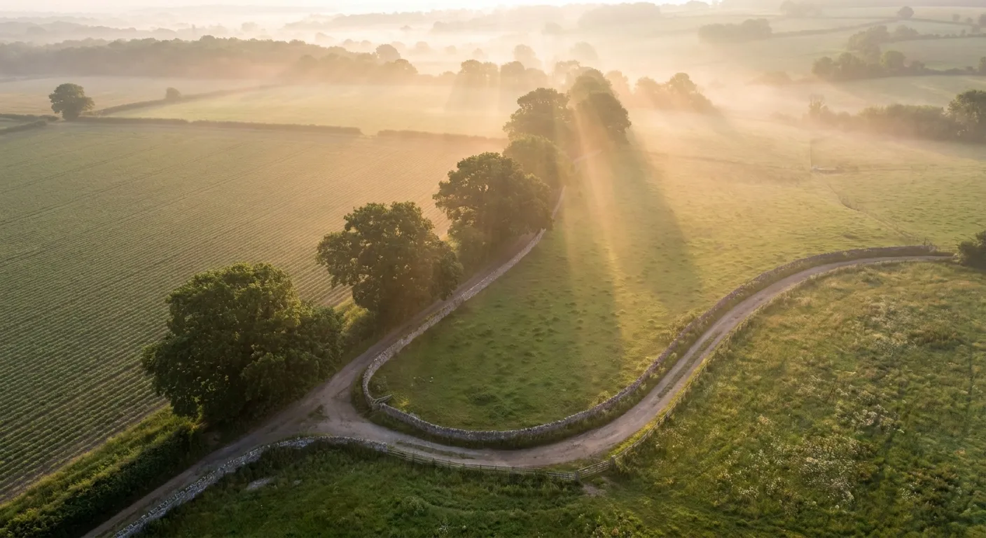 Sunlit misty field with winding path, perfect for RockN' Socials Digital Marketing Agency.