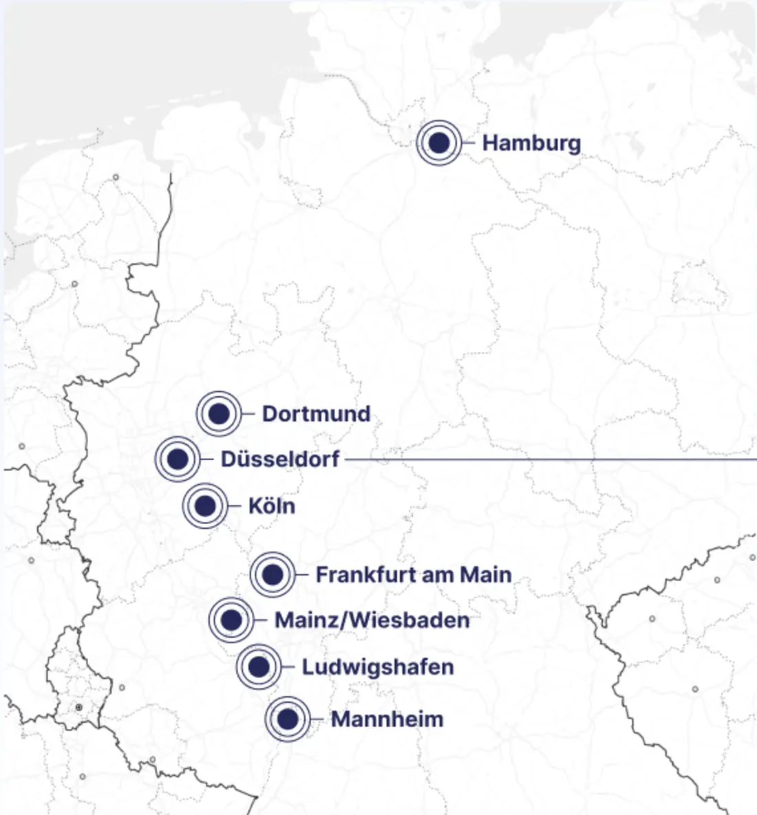 Karte der nautiCLUB Ausbildungsorte mit Düsseldorf, Köln, Dortmund, Hamburg, Frankfurt, Mainz, Ludwigshafen und Mannheim