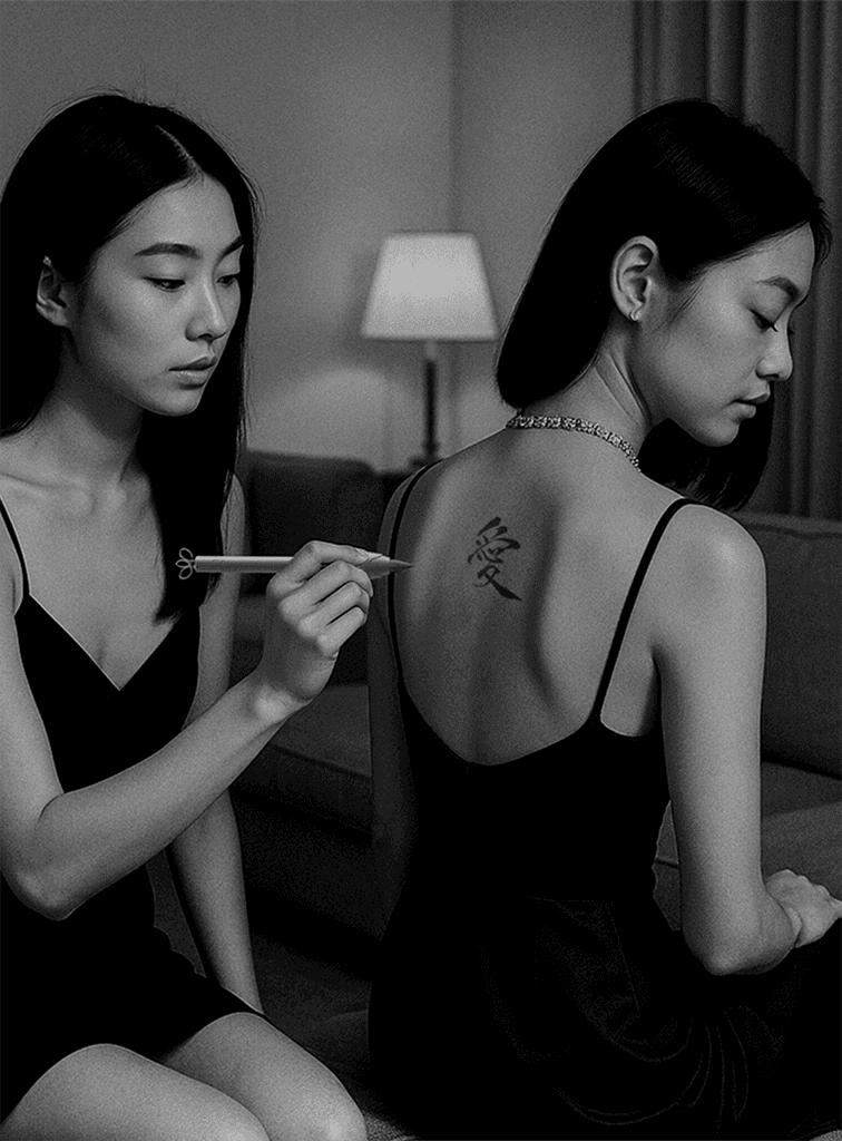 AI-generated visual concept for Scribe, a fragrance bottle inspired by Chinese calligraphy, showing the brush-like applicator creating a temporary tattoo on the skin