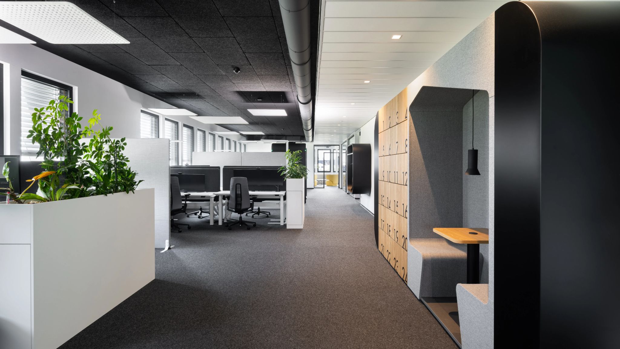 Modernes Büro mit dunklem Akustikdeckenpaneel, Reihen von Schreibtischen mit Computern und einer Sitznische mit Hängeleuchte.
