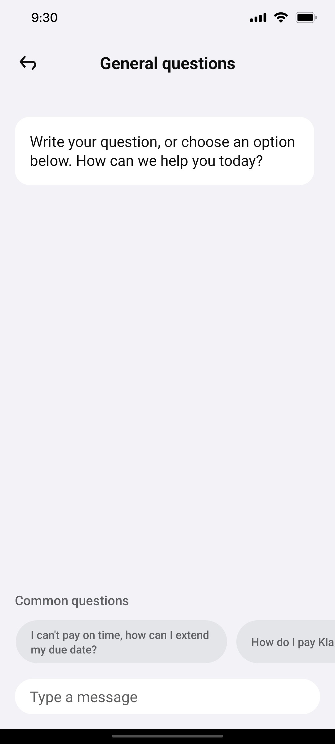 Klarna General Question Page Screen