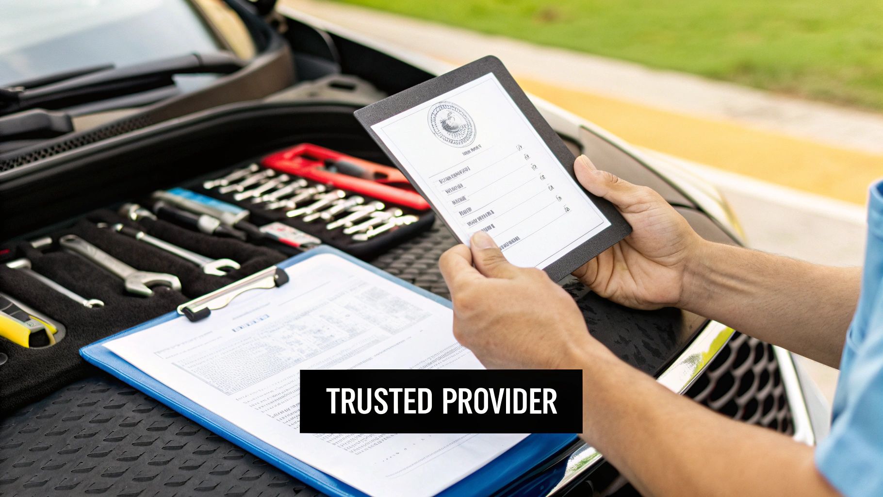 A technician holds a tablet with a service checklist next to an open car hood displaying tools, symbolizing trusted vehicle repair.