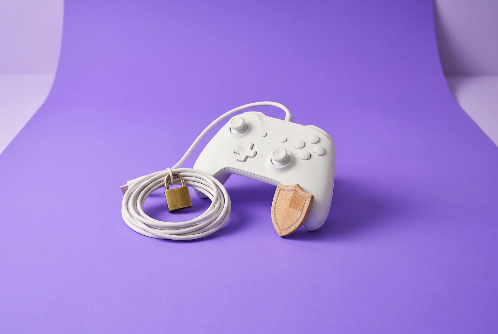 A white game controller with its cable padlocked beside a toy shield, parental controls to block porn on game consoles