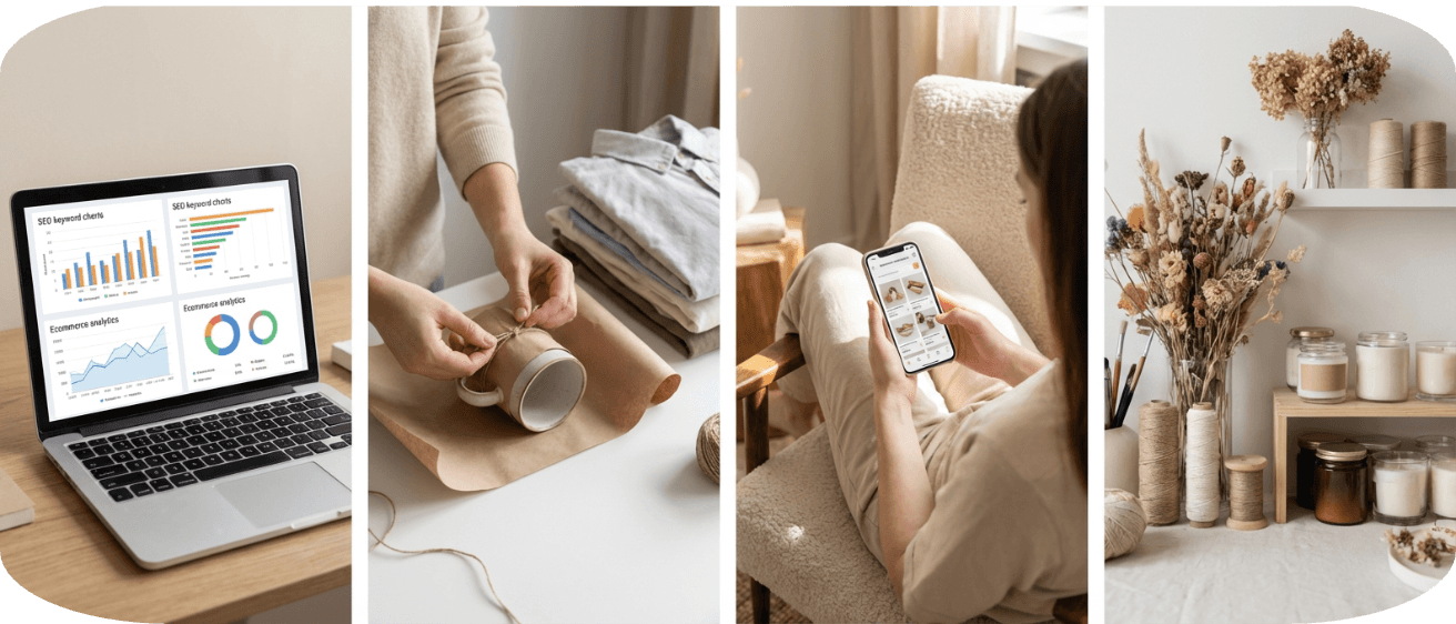 Etsy seller researching SEO analytics, packaging handmade products, browsing Etsy listings, and organizing craft supplies for an online shop.