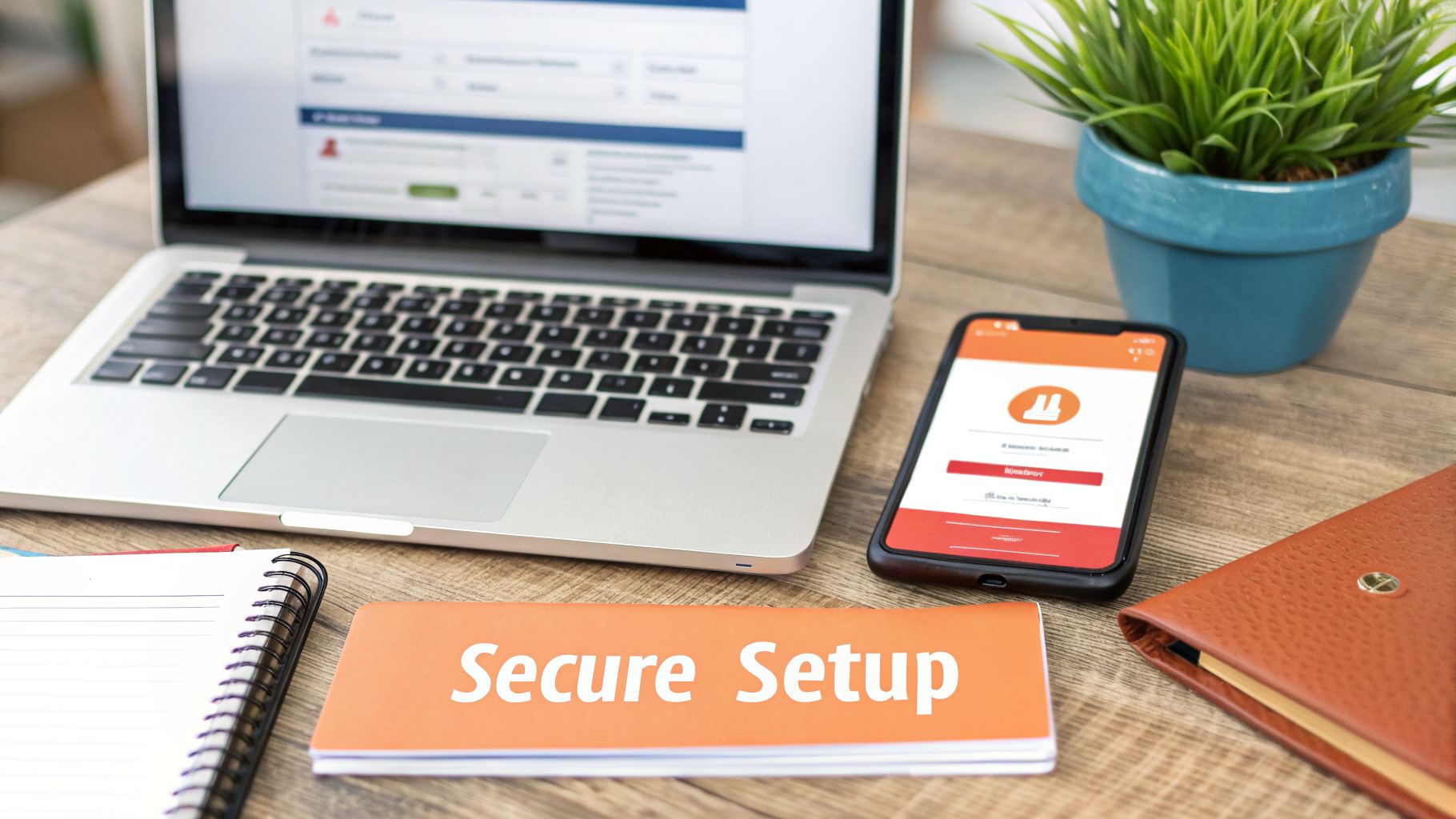 A workspace with a laptop, smartphone showing a login screen, and a booklet titled 'Secure Setup' on a wooden table.