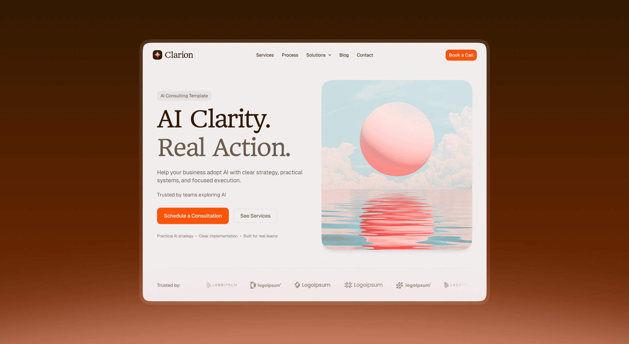 Clarion Framer template homepage showing an AI consulting layout with bold serif headline, orange CTA button, and a soft pastel hero image