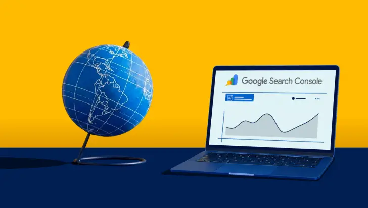 Laptop displaying the Google Search Console dashboard next to a blue world globe on a desk.