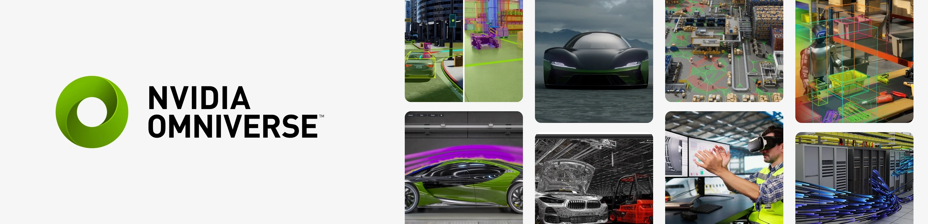 NVIDIA Omniverse logo beside a grid of photographs showing a street scene with colored detection overlays, a rendered sports car, a warehouse with segmentation overlays, a robot cell in a wireframe bounding box, airflow simulation over a vehicle, a worker in a headset at a bank of monitors, and a data center with illuminated cabling.