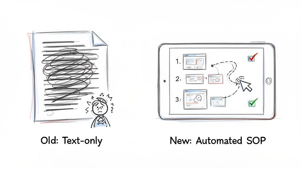 Visual comparison showing a frustrated person with messy text-only instructions versus a clear automated SOP on a tablet.