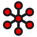 Icon representing collaboration. 6 connected nodes around a central hub
