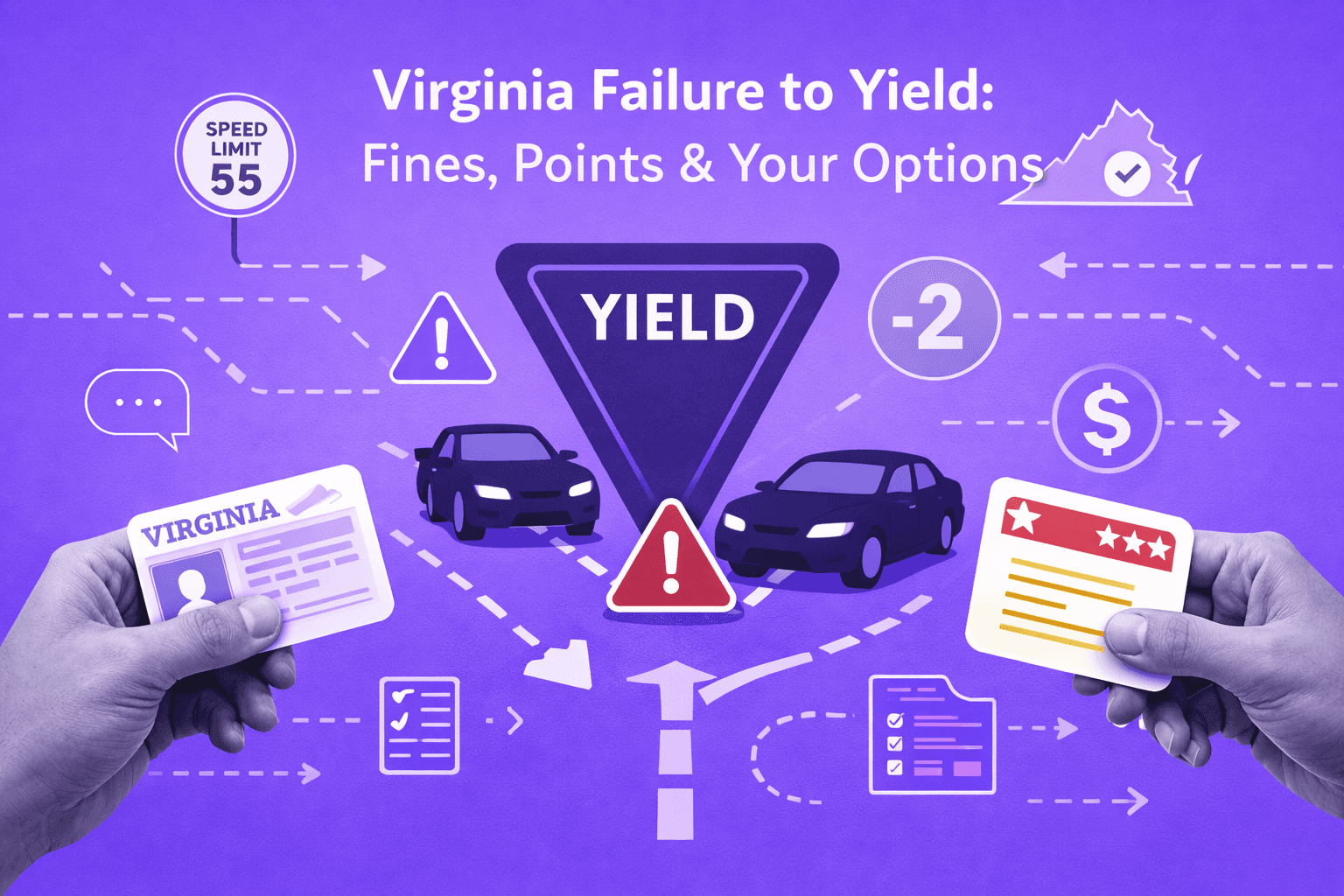 Virginia failure to yield right of way ticket showing fines, demerit points and warning document