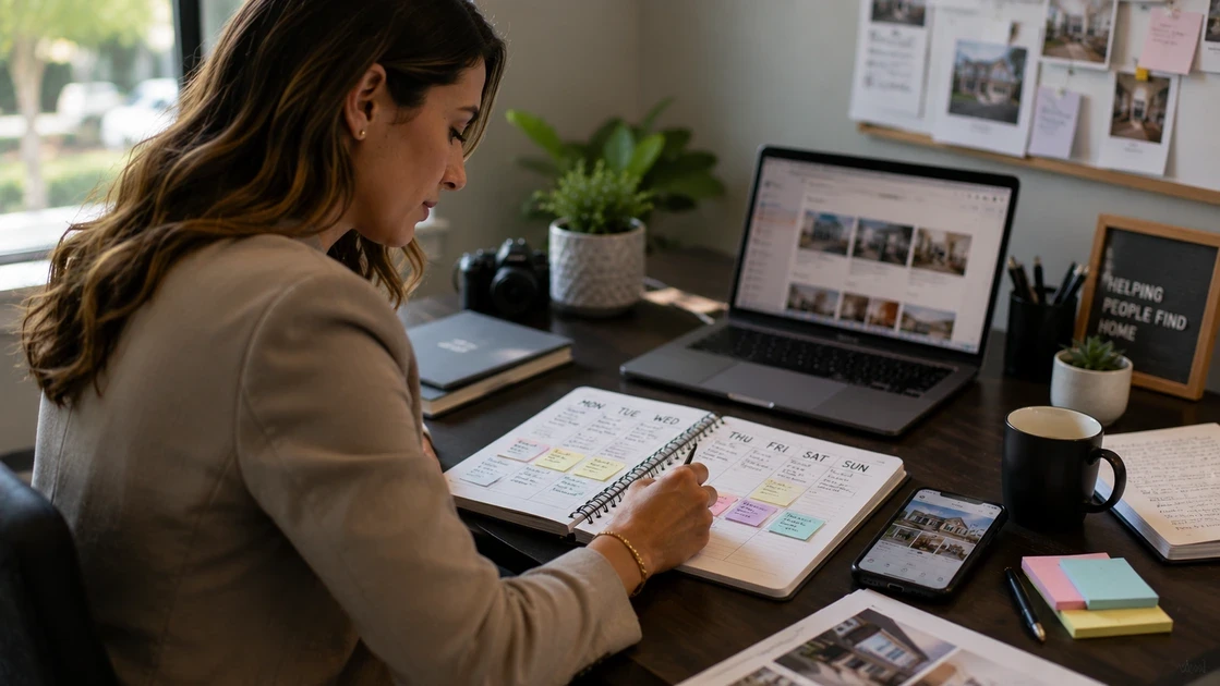 A dedicated real estate professional reviewing a structured weekly social media content calendar on a modern laptop.