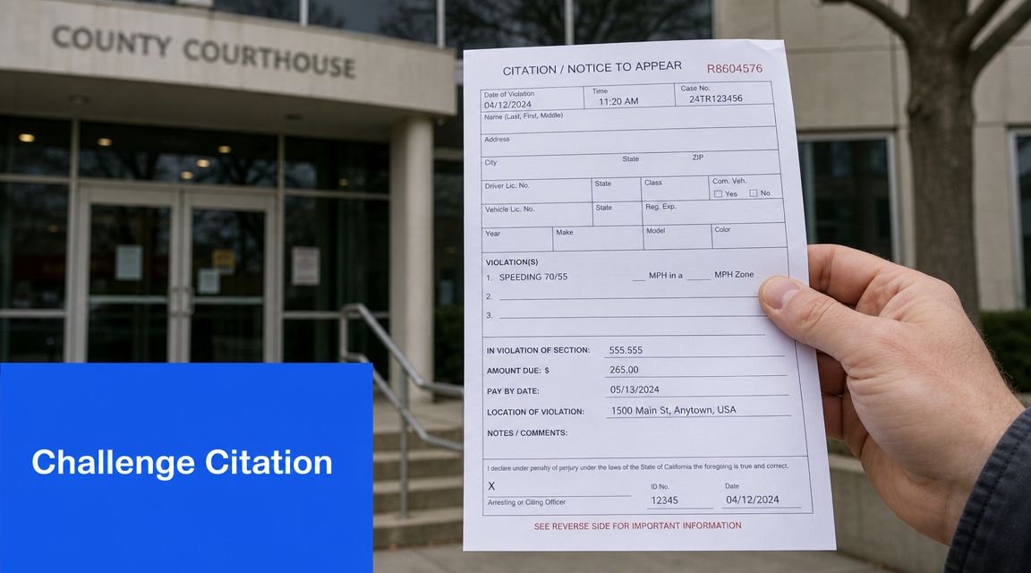 A person holds a traffic citation document in front of a county courthouse building.