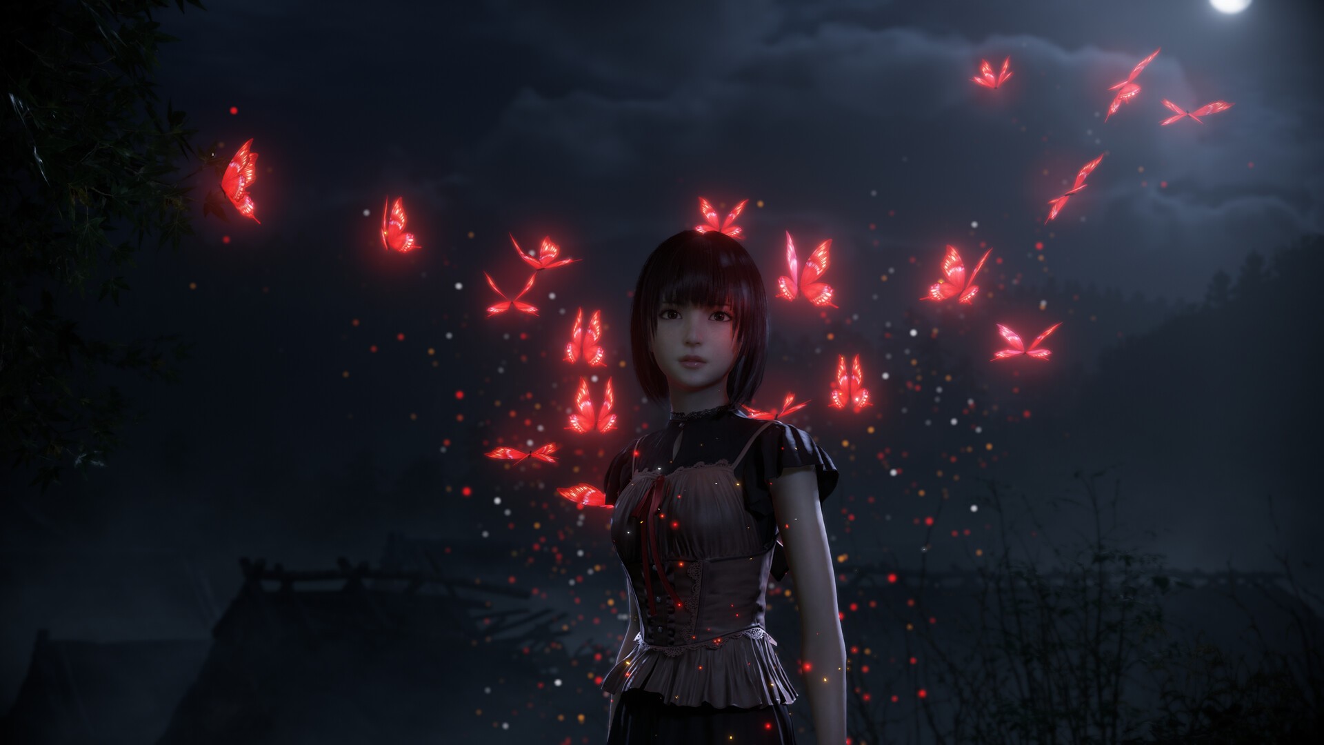 Personnage entouré de papillons rouges dans Fatal Frame II Crimson Butterfly Remake représentant l’atmosphère surnaturelle du jeu