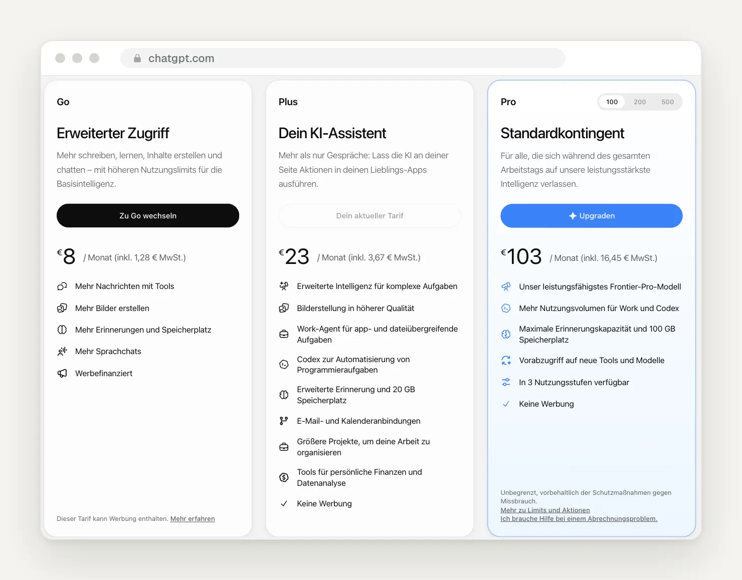 ChatGPT-Tarife mit Euro-Preisen: Go 8 Euro, Plus 23 Euro, Pro 103 Euro im Monat