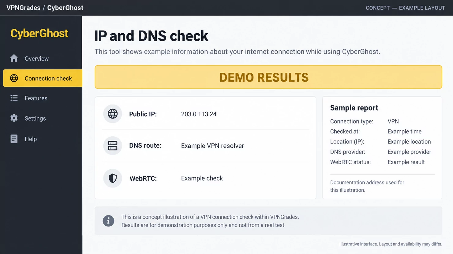 CyberGhost: a sample ip, dns and webrtc check (illustration).