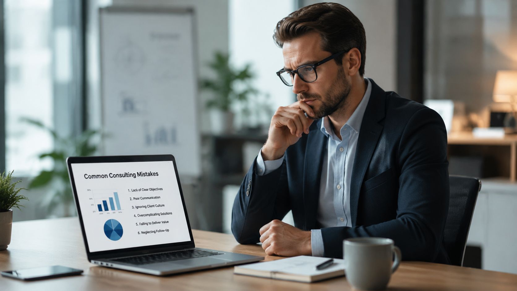 A professional male consultant sitting at a desk looking thoughtfully at a laptop screen displaying common consulting mistakes.