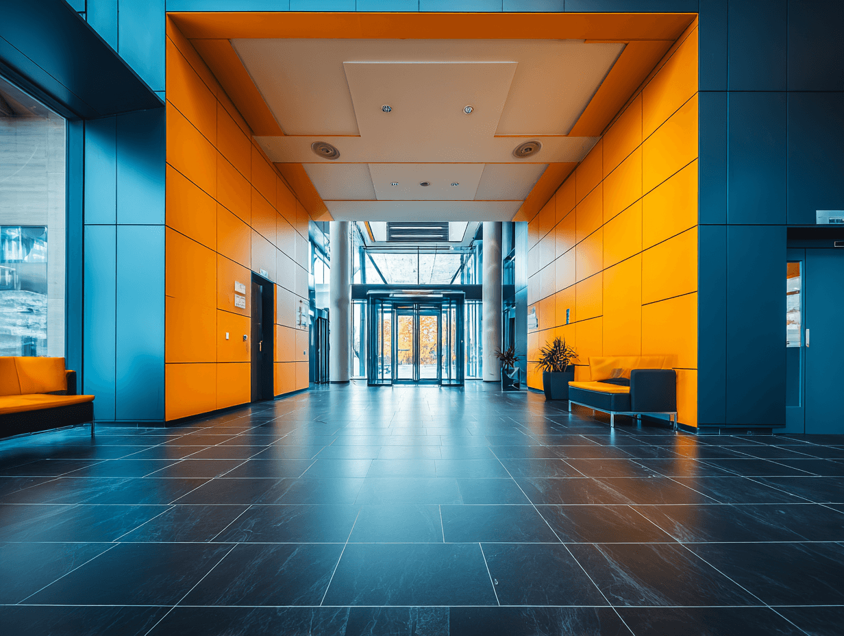 Contemporary office lobby with bright orange walls and sleek flooring.