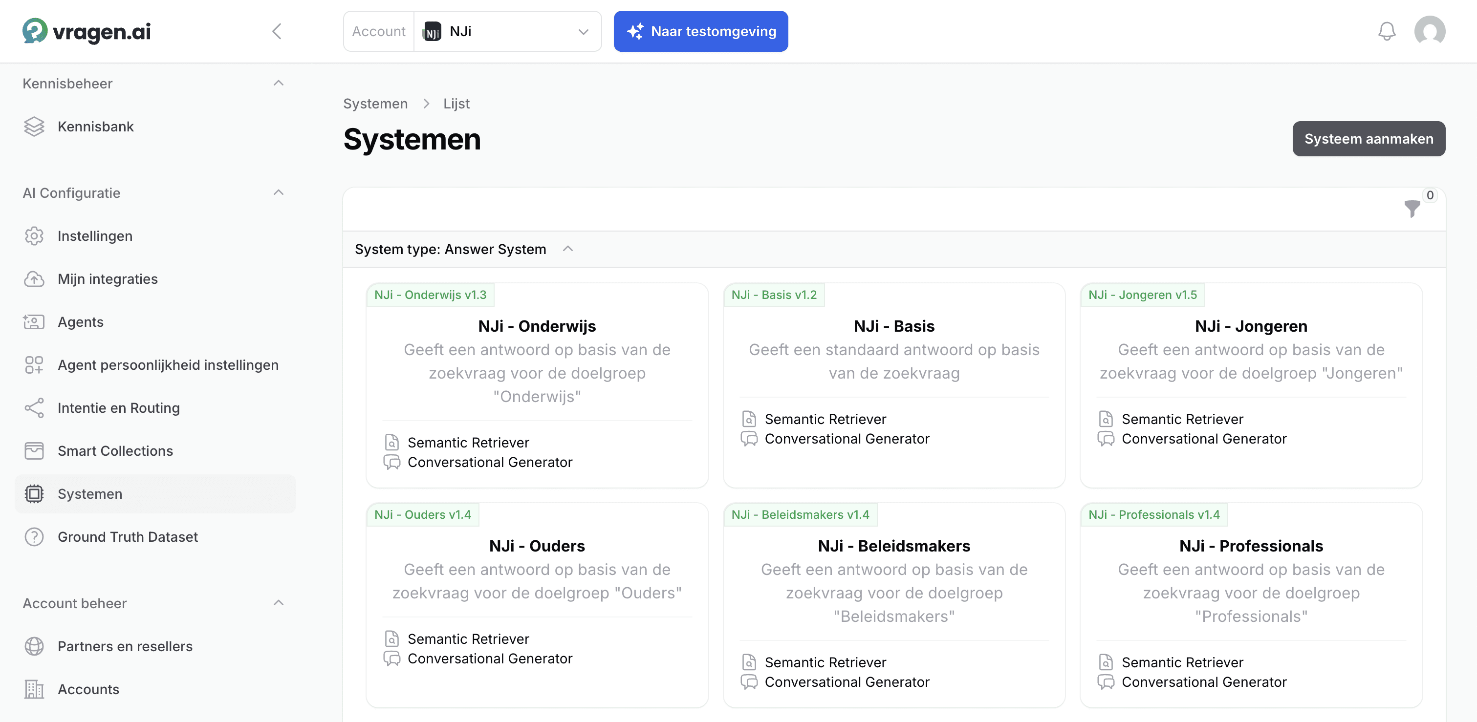 Systemen voor het NJI per doelgroep ingericht via het vragen.ai dashboard