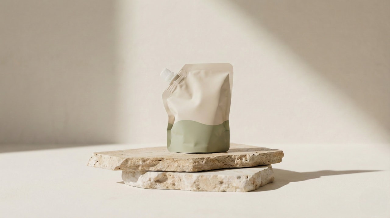 A beige and green pouch sits on two stacked stone slabs against a soft, neutral background. Sunlight casts gentle shadows, creating a calm, minimalist vibe.