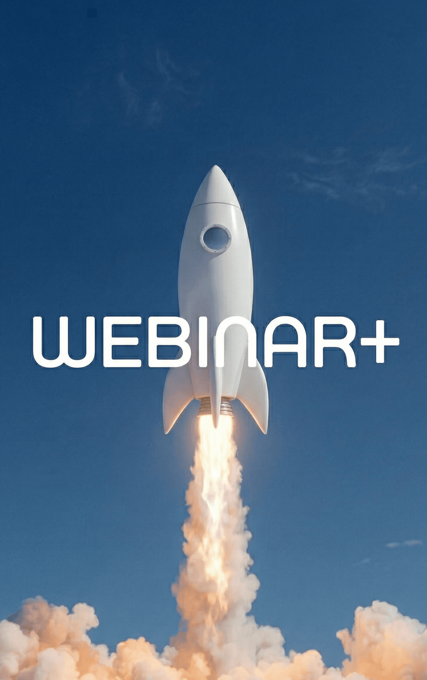 Rocket launching into a blue sky with the Webinar+ wordmark