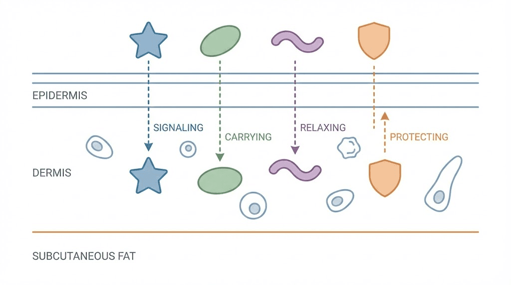 Multi peptide skincare mechanisms diagram showing signal, carrier, neurotransmitter-inhibiting, and enzyme-inhibiting peptide actions
