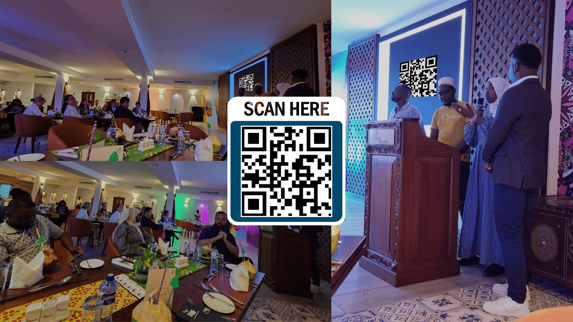 A photo collage from the "From Ocean to Plate" culinary event, featuring a large central QR code graphic with the text "SCAN HERE". The left side shows two views of a well-lit restaurant dining room filled with seated guests at tables with food, drinks, and menus. The right side shows a panel of four speakers standing at a wooden podium on a stage, with a large illuminated QR code displayed on the screen behind them.