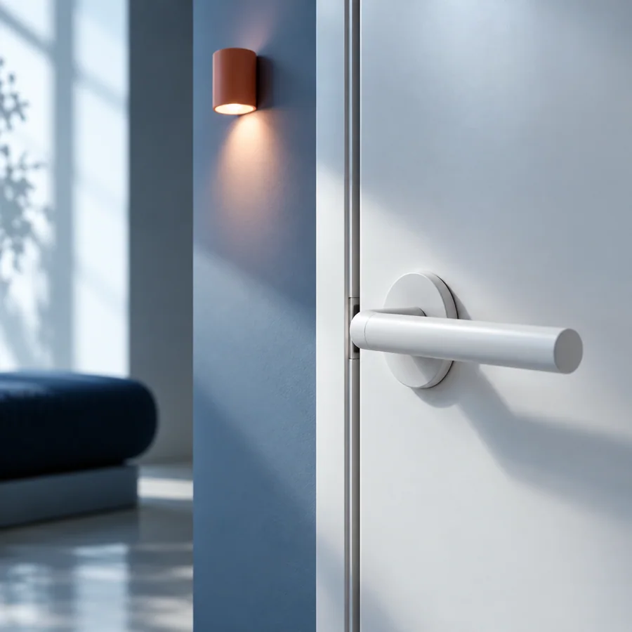 White door handle and a coral wall light against an ice-blue wall