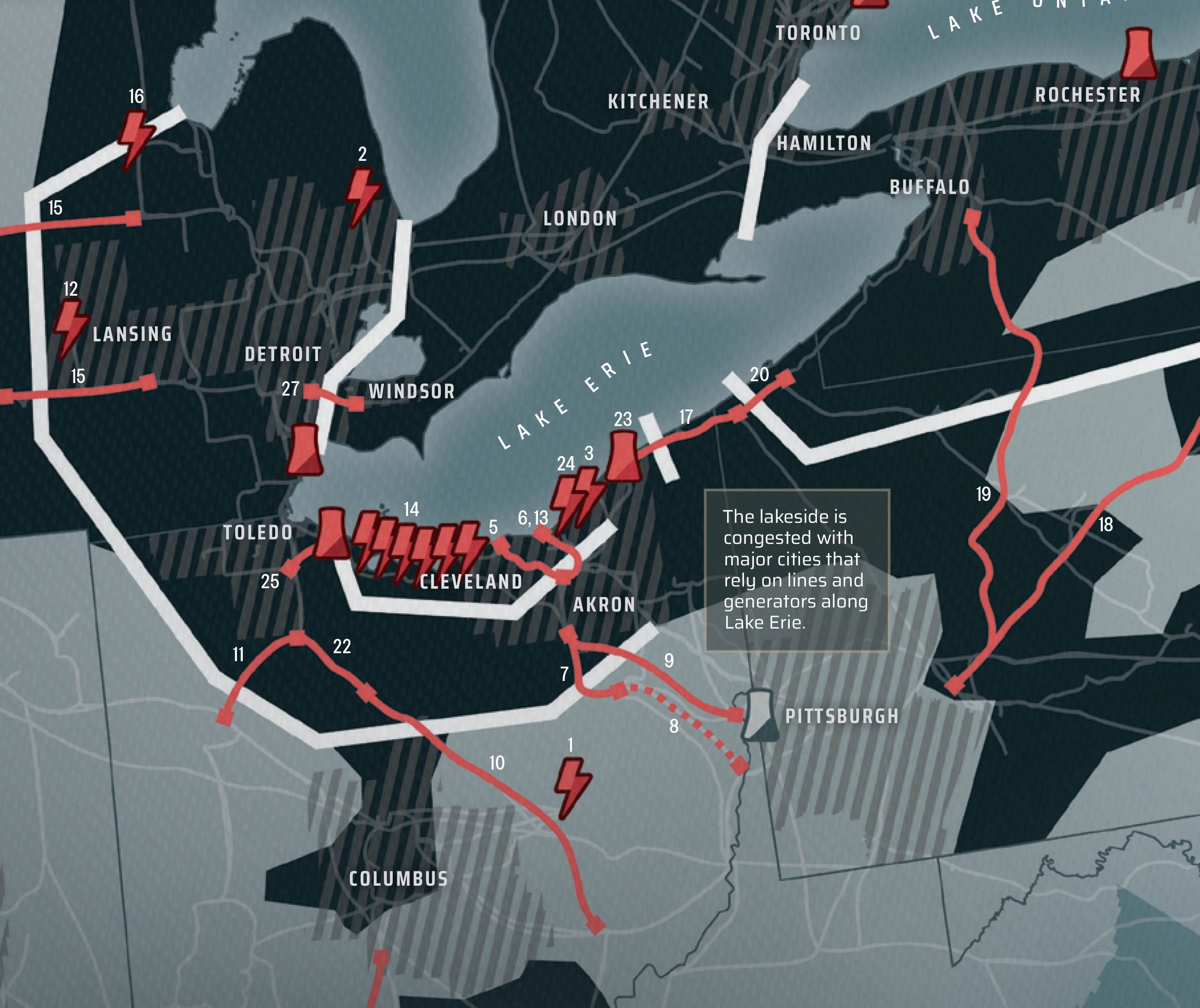 Close-up of map annotations, including tripped lines, generators, and nuclear plants resulting in blacked-out regions.