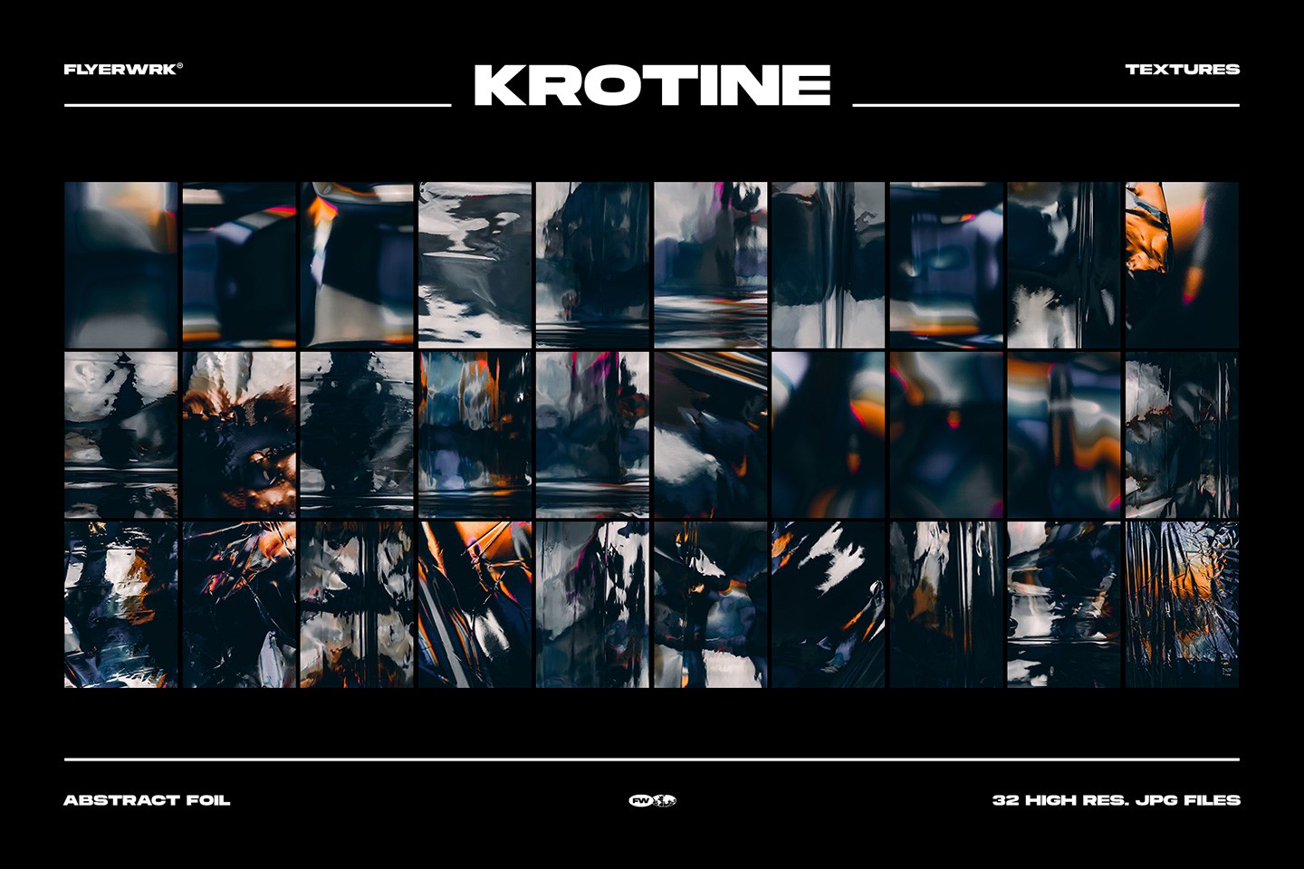 Krotine abstract metal foil texture pack overview showing thirty two high resolution industrial metallic backgrounds
