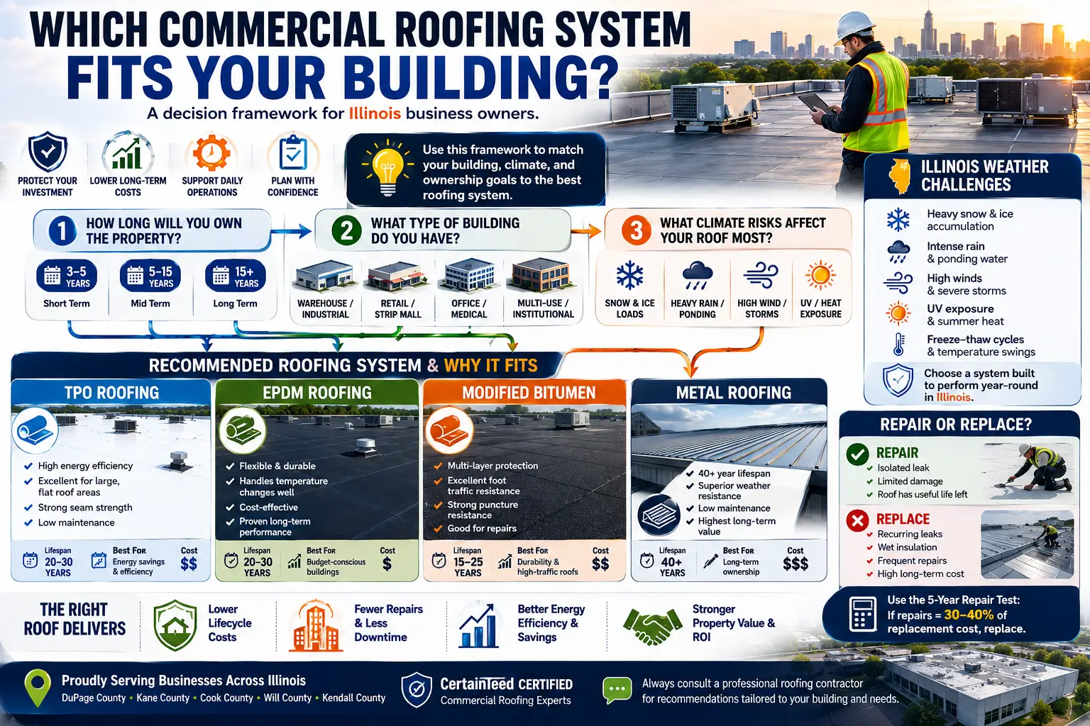 Infographic showing a Roofing for Commercial Properties decision framework for Illinois business owners, including ownership timelines, weather risks, repair versus replacement guidance, and recommended commercial roofing systems.
