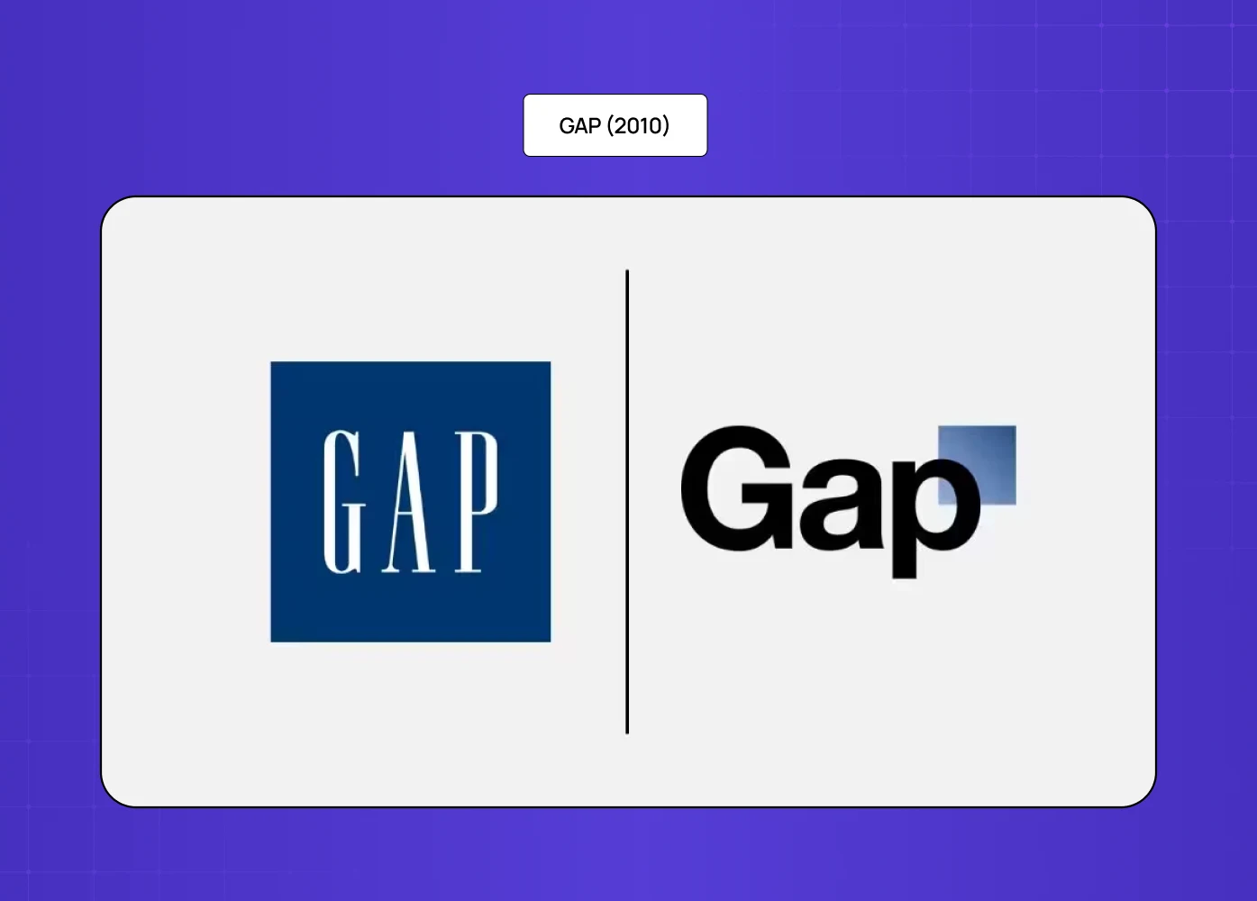 Gap 2010 logo redesign comparison showing old logo vs new minimal wordmark with blue square.