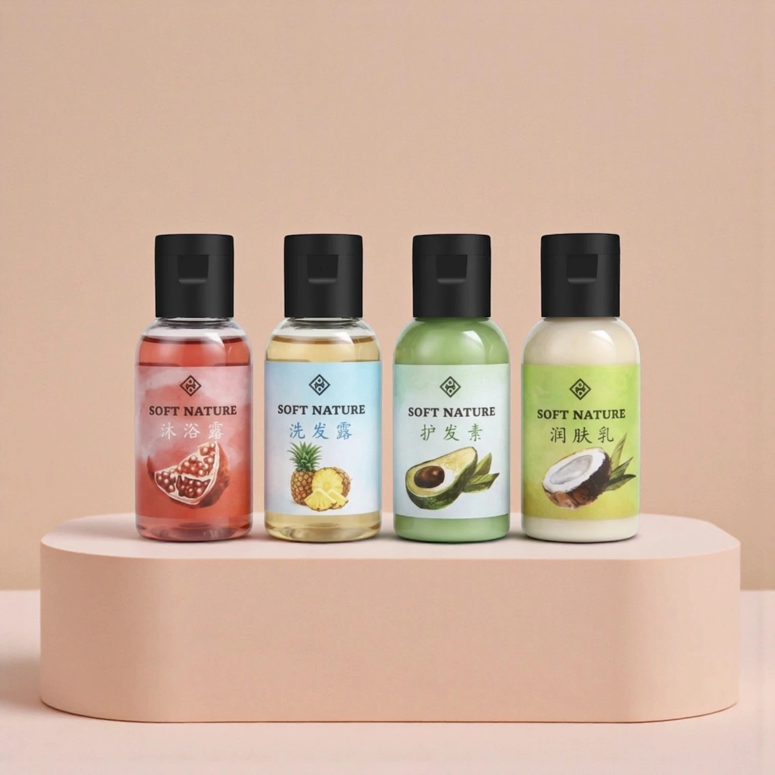 Bulk hotel amenities kit with sustainable packaging, featuring customizable bottles and logo branding for boutique hotels and hospitality chains.