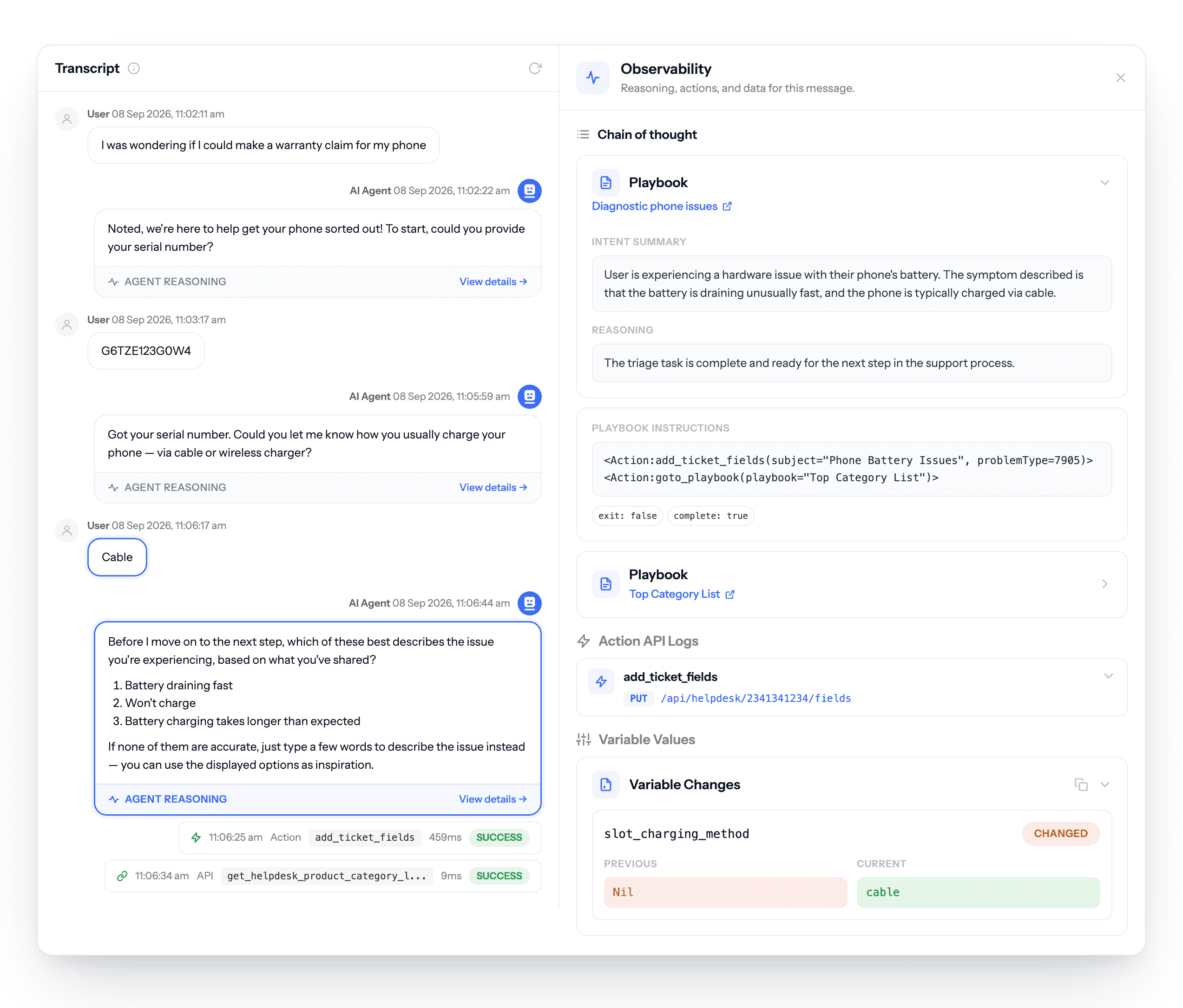 Observability panel beside a support transcript for a phone battery warranty claim, showing the Playbook used, intent summary, reasoning, Action API log, and a Variable changing from Nil to cable