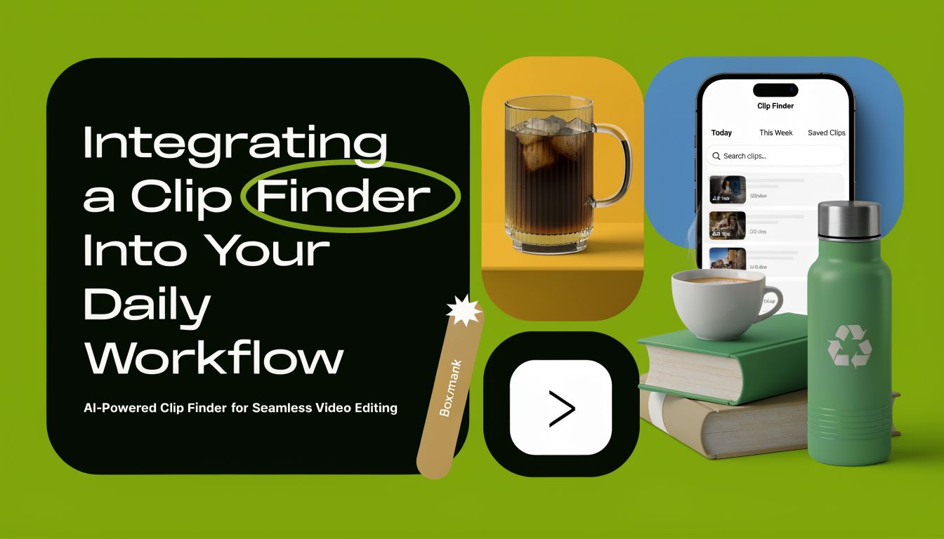 A digital graphic promoting an AI-powered video clip finder integrated into daily editing workflows with professional equipment.