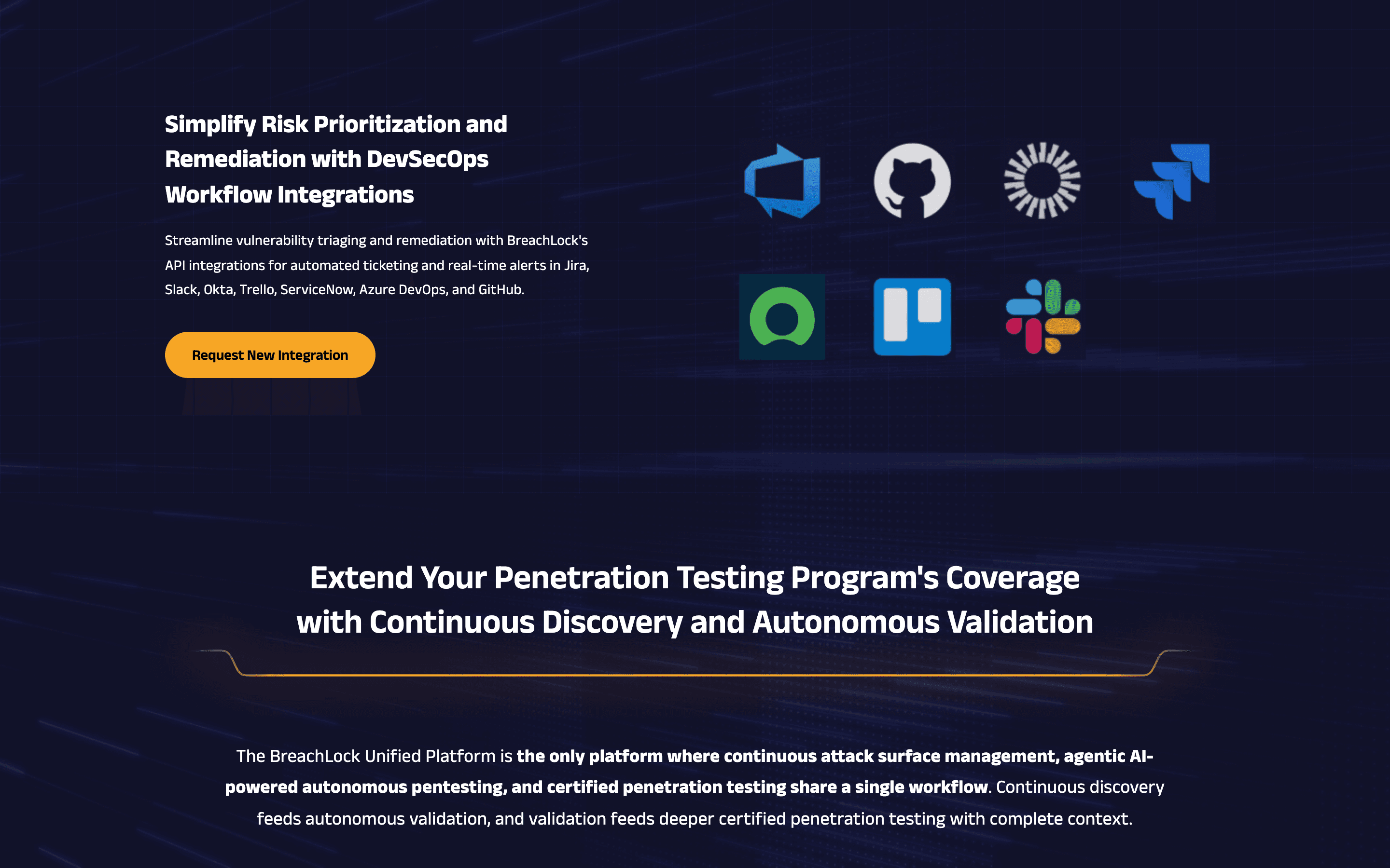 BreachLock PTaaS page showing DevSecOps workflow integrations with Azure DevOps, GitHub, Jira, ServiceNow, Trello, and Slack